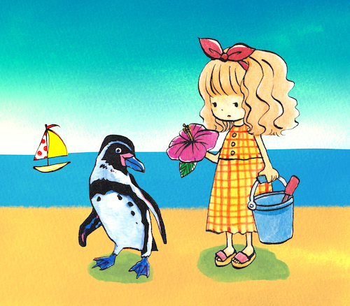 砂浜の女の子とペンギン