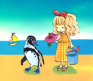 砂浜の女の子とペンギン