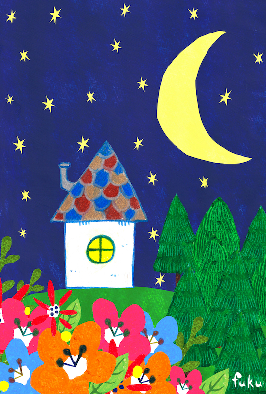 クレヨン画「家と月」